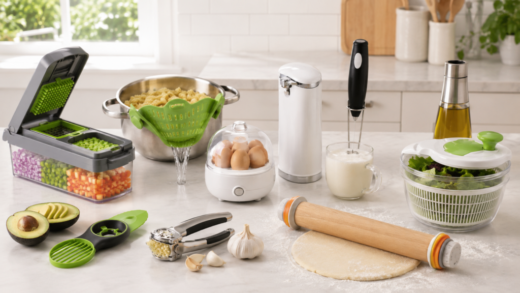 Kitchen tools that save time arranged on a clean counter for faster meal prep and cooking