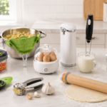 Kitchen tools that save time arranged on a clean counter for faster meal prep and cooking